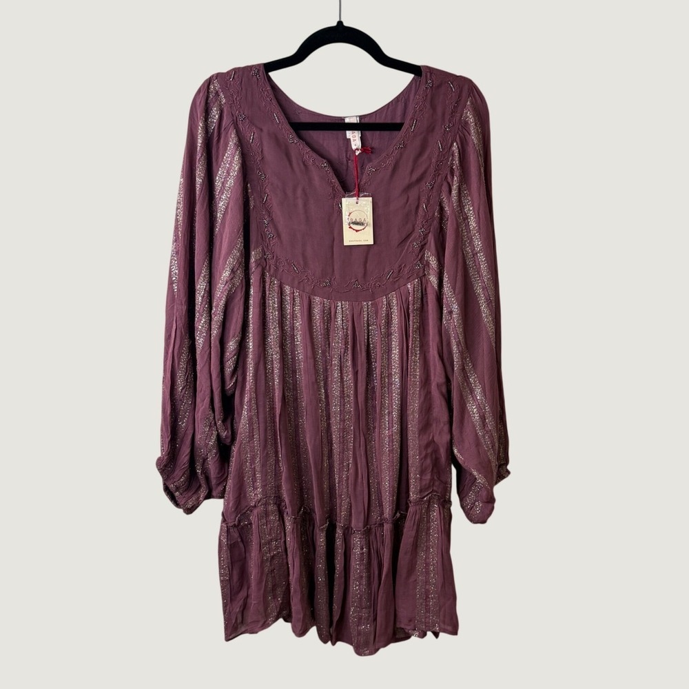 Anthropologie Raga Mini Dress Mauve Gold Striped Size S Boho Fall Whimsigoth